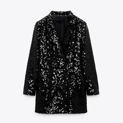 UNIZERA őszi-téli új női ruházat fekete flitteres hosszú öltöny dzseki + magas derekú karcsú nadrág kétrészes szett 9336556