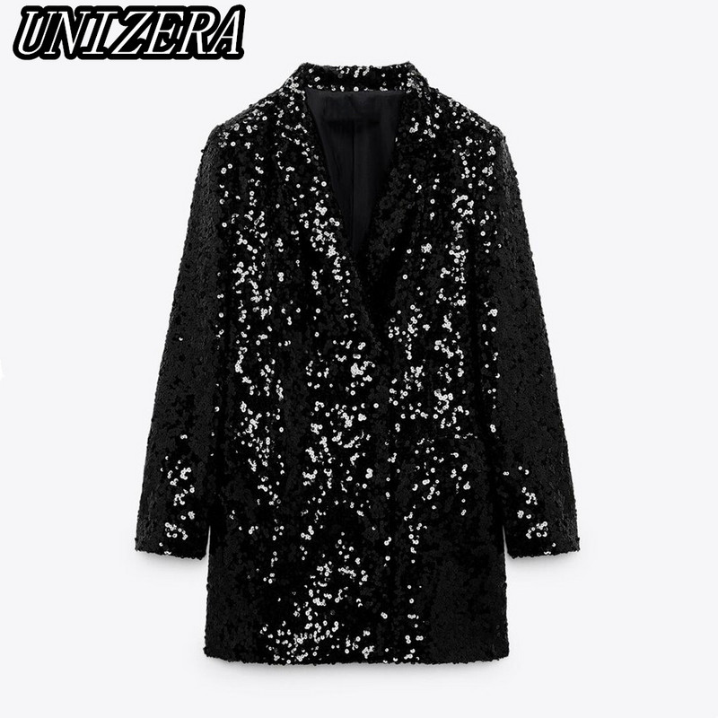 UNIZERA őszi-téli új női ruházat fekete flitteres hosszú öltöny dzseki + magas derekú karcsú nadrág kétrészes szett 9336556