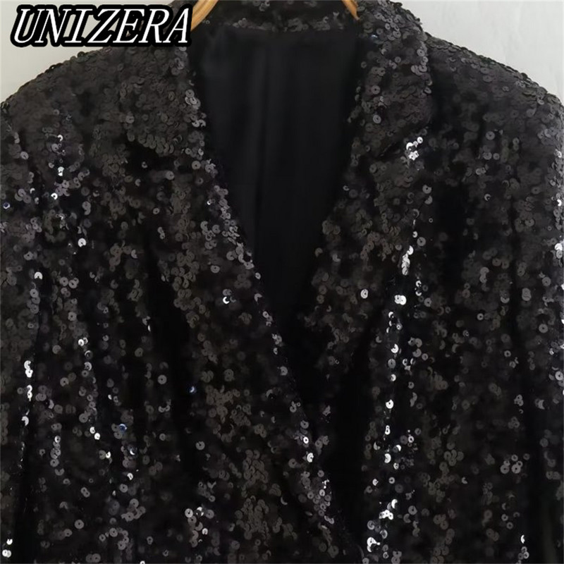 UNIZERA őszi-téli új női ruházat fekete flitteres hosszú öltöny dzseki + magas derekú karcsú nadrág kétrészes szett 9336556