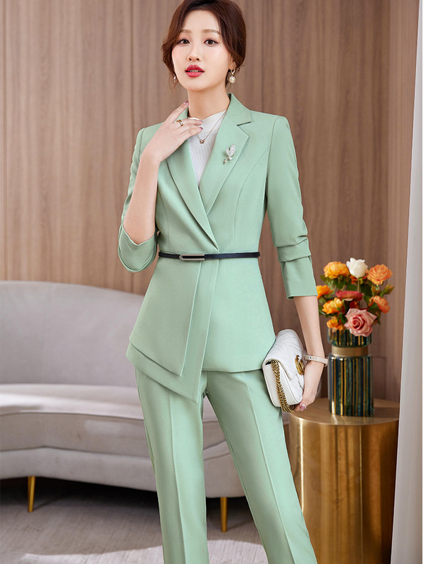 Elegáns női blézer és nadrágkosztüm fekete zöld rózsaszín irodai női őszi téli üzleti munkaruha 2 részes szett