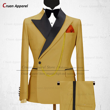 Най-новите луксозни златисти мъжки комплект костюми Slim fit Groomsmen Groom Wedding Dress Tuxedo Fashion Designs Party Stage Blazer Панталони 2 части