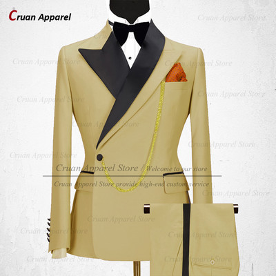 Legújabb luxus arany színű férfi öltöny szett karcsú szabású vőfély vőlegény esküvői ruha szmoking divatos minták party színpadi blézer nadrág 2 részes