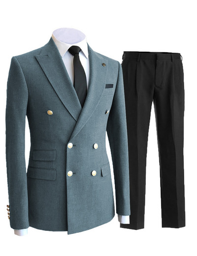 Férfi 2 részes üzleti öltöny, dupla mellű Peak Lapel több zsebes ünnepi öltöny esküvőre (blézer + nadrág)
