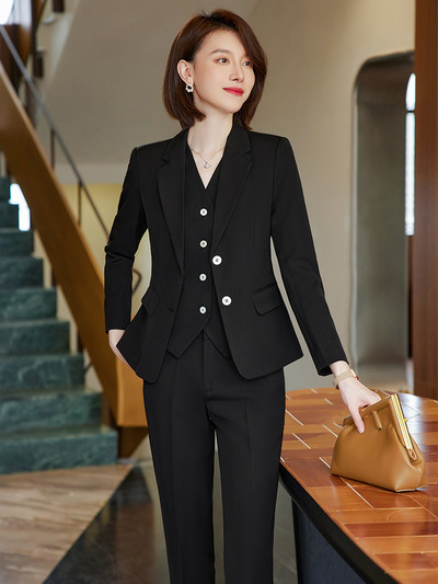 Női blézermellény és nadrágkosztüm piros sötétkék fekete kék formális 3 részes szett irodai női munkavégzési ruházathoz