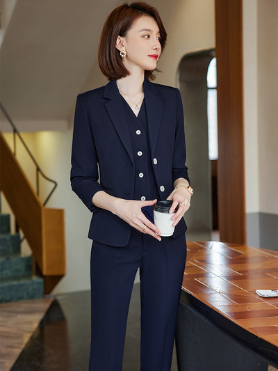 Női blézermellény és nadrágkosztüm piros sötétkék fekete kék formális 3 részes szett irodai női munkavégzési ruházathoz