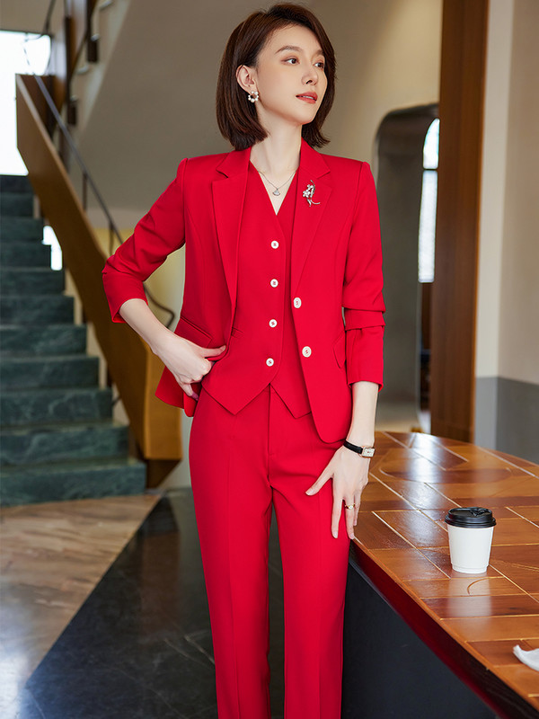 Női blézermellény és nadrágkosztüm piros sötétkék fekete kék formális 3 részes szett irodai női munkavégzési ruházathoz