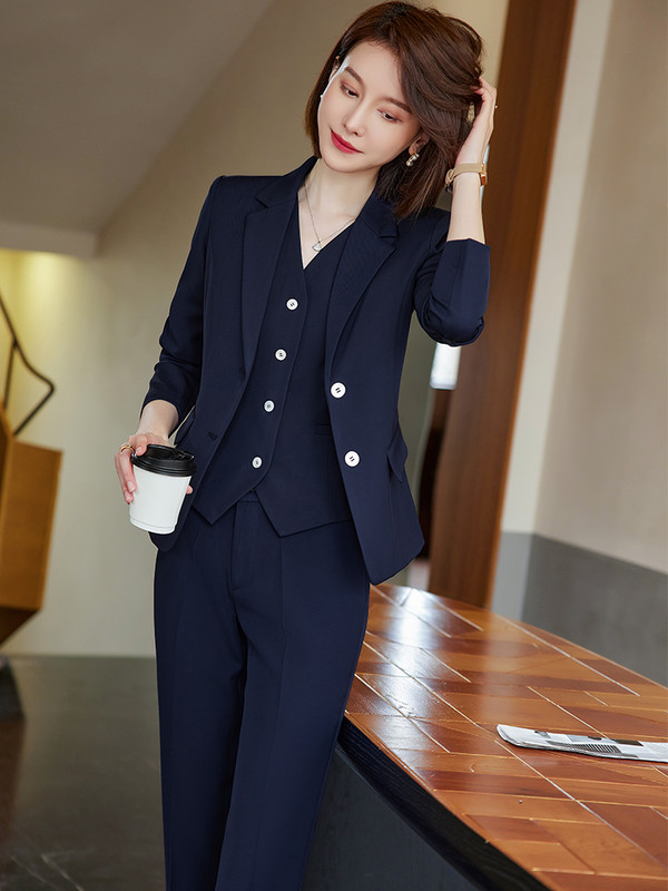 Női blézermellény és nadrágkosztüm piros sötétkék fekete kék formális 3 részes szett irodai női munkavégzési ruházathoz