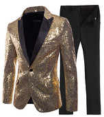 2020-as új arany/zöld 2 részes, fényes flitteres férfi öltöny, egygombos, csúcsos, hajtókás szmoking esküvőre (blézer + nadrág)