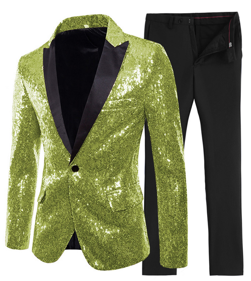 2020-as új arany/zöld 2 részes, fényes flitteres férfi öltöny, egygombos, csúcsos, hajtókás szmoking esküvőre (blézer + nadrág)