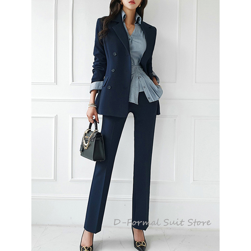 Női foglalkozás 2 részes öltönyök Elegáns kétsoros blézer és egyszerű nadrág koreai alkalmi szett karcsúsított őszi ruhák hölgyeknek