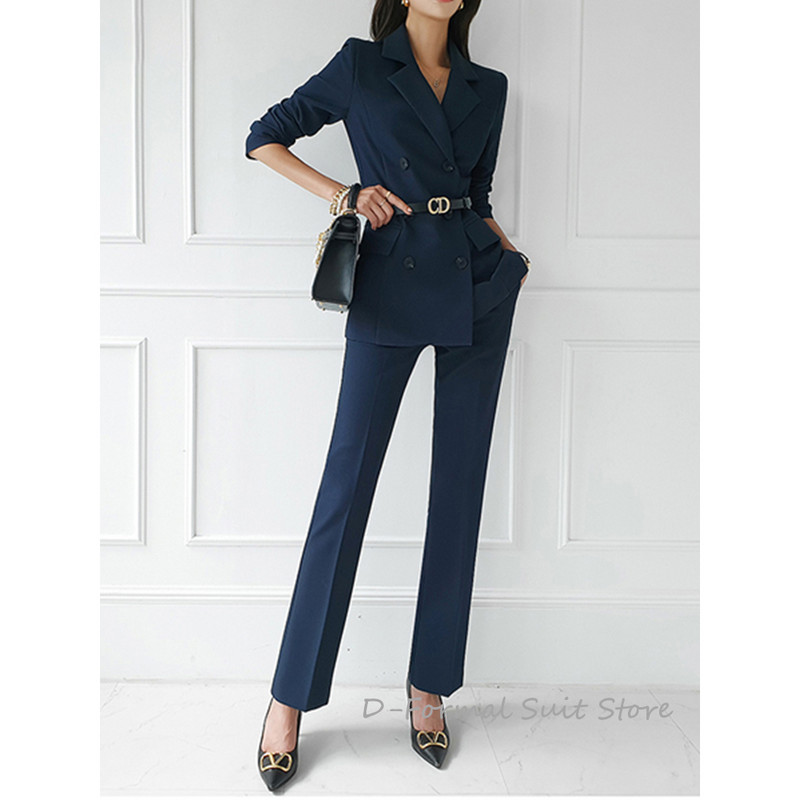 Női foglalkozás 2 részes öltönyök Elegáns kétsoros blézer és egyszerű nadrág koreai alkalmi szett karcsúsított őszi ruhák hölgyeknek