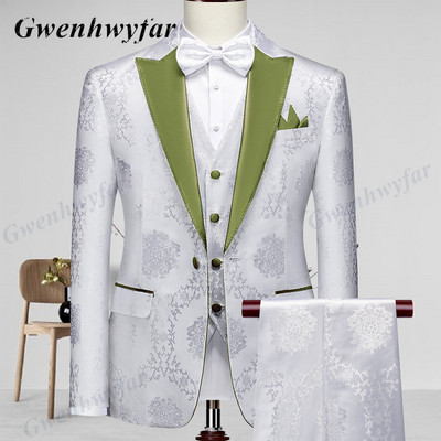 Gwenhwyfar kiváló minőségű férfi esküvői szmoking 2022 Mist Pink Peak Lapel Férfi blézer nadrág mellény fehér mintás anyagból