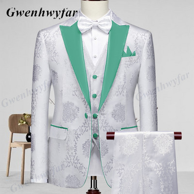 Gwenhwyfar kiváló minőségű férfi esküvői szmoking 2022 Mist Pink Peak Lapel Férfi blézer nadrág mellény fehér mintás anyagból
