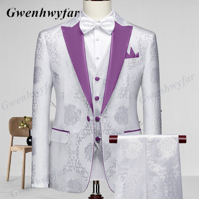 Gwenhwyfar kiváló minőségű férfi esküvői szmoking 2022 Mist Pink Peak Lapel Férfi blézer nadrág mellény fehér mintás anyagból