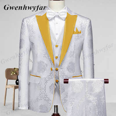 Gwenhwyfar kiváló minőségű férfi esküvői szmoking 2022 Mist Pink Peak Lapel Férfi blézer nadrág mellény fehér mintás anyagból