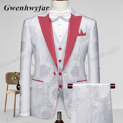 Gwenhwyfar kiváló minőségű férfi esküvői szmoking 2022 Mist Pink Peak Lapel Férfi blézer nadrág mellény fehér mintás anyagból
