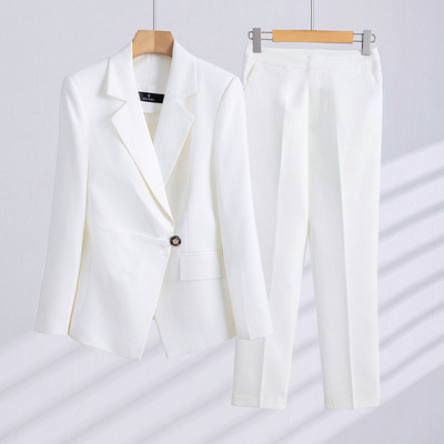 Női divatos nadrágkosztüm szett vagy egyszínű blézer kék fehér fekete színű irodai karrier formális üzleti ruha nőknek ősz tél