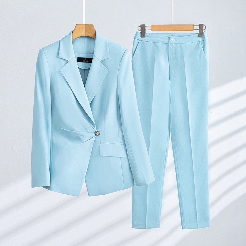Női divatos nadrágkosztüm szett vagy egyszínű blézer kék fehér fekete színű irodai karrier formális üzleti ruha nőknek ősz tél