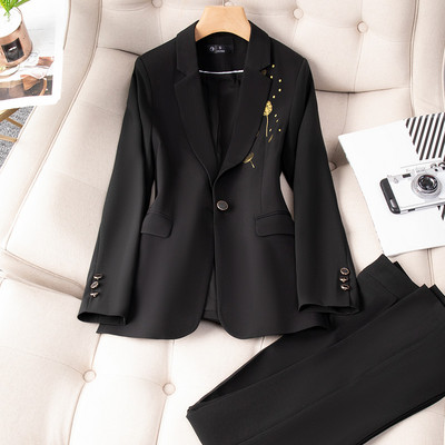 Női ingázó stílusú nadrág szett irodai női kausális nyomott blézer dzseki széles szárú bő nadrág 2022 őszi 2 darabos öltöny