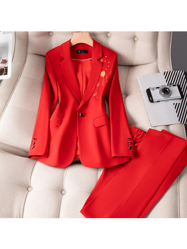 Női ingázó stílusú nadrág szett irodai női kausális nyomott blézer dzseki széles szárú bő nadrág 2022 őszi 2 darabos öltöny