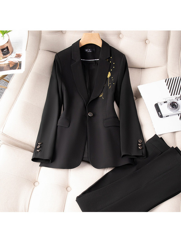 Női ingázó stílusú nadrág szett irodai női kausális nyomott blézer dzseki széles szárú bő nadrág 2022 őszi 2 darabos öltöny