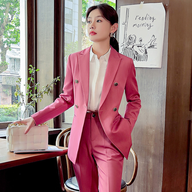 Elegáns rózsaszín őszi téli női üzleti öltönyök nadrággal és kabátokkal Kabát Kiváló minőségű szövet Professzionális nadrágkosztümök Blézerek