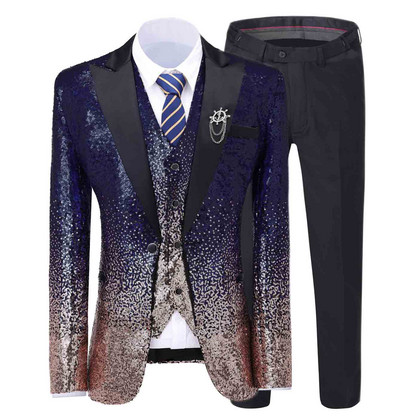 Fokozatosan változó színű királykék férfi öltöny flitteres blézer Peak Notch hajtókás szmoking esküvői vőlegénynek (blézer+mellény+nadrág)