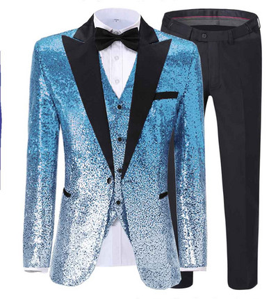 Fokozatosan változó színű királykék férfi öltöny flitteres blézer Peak Notch hajtókás szmoking esküvői vőlegénynek (blézer+mellény+nadrág)