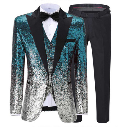 Fokozatosan változó színű királykék férfi öltöny flitteres blézer Peak Notch hajtókás szmoking esküvői vőlegénynek (blézer+mellény+nadrág)