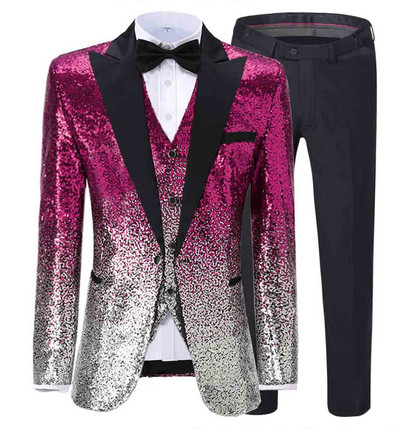 Fokozatosan változó színű királykék férfi öltöny flitteres blézer Peak Notch hajtókás szmoking esküvői vőlegénynek (blézer+mellény+nadrág)