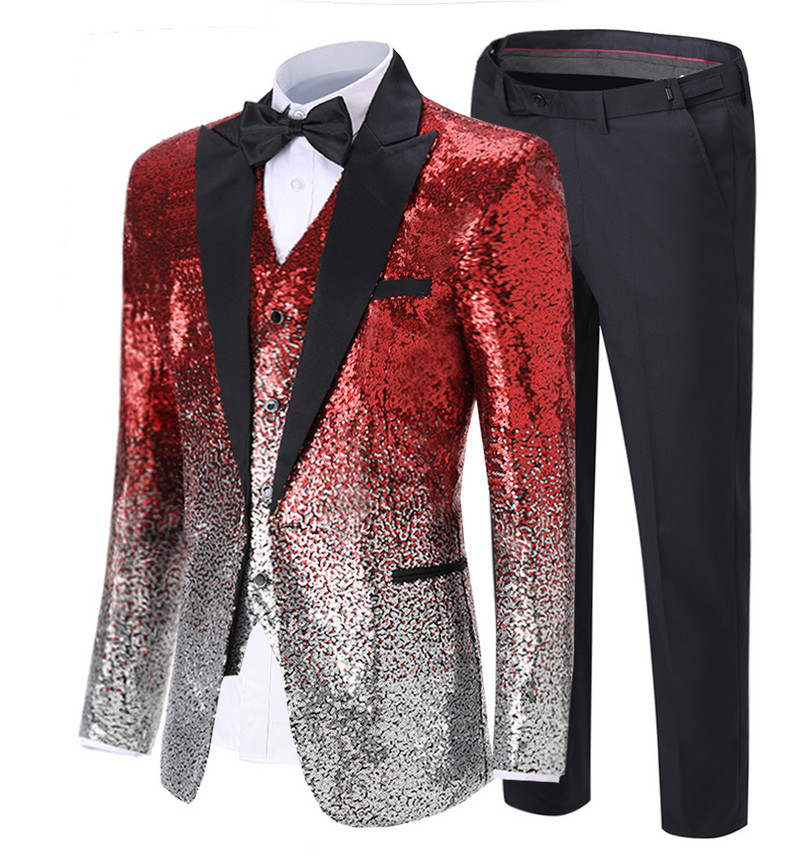 Fokozatosan változó színű királykék férfi öltöny flitteres blézer Peak Notch hajtókás szmoking esküvői vőlegénynek (blézer+mellény+nadrág)