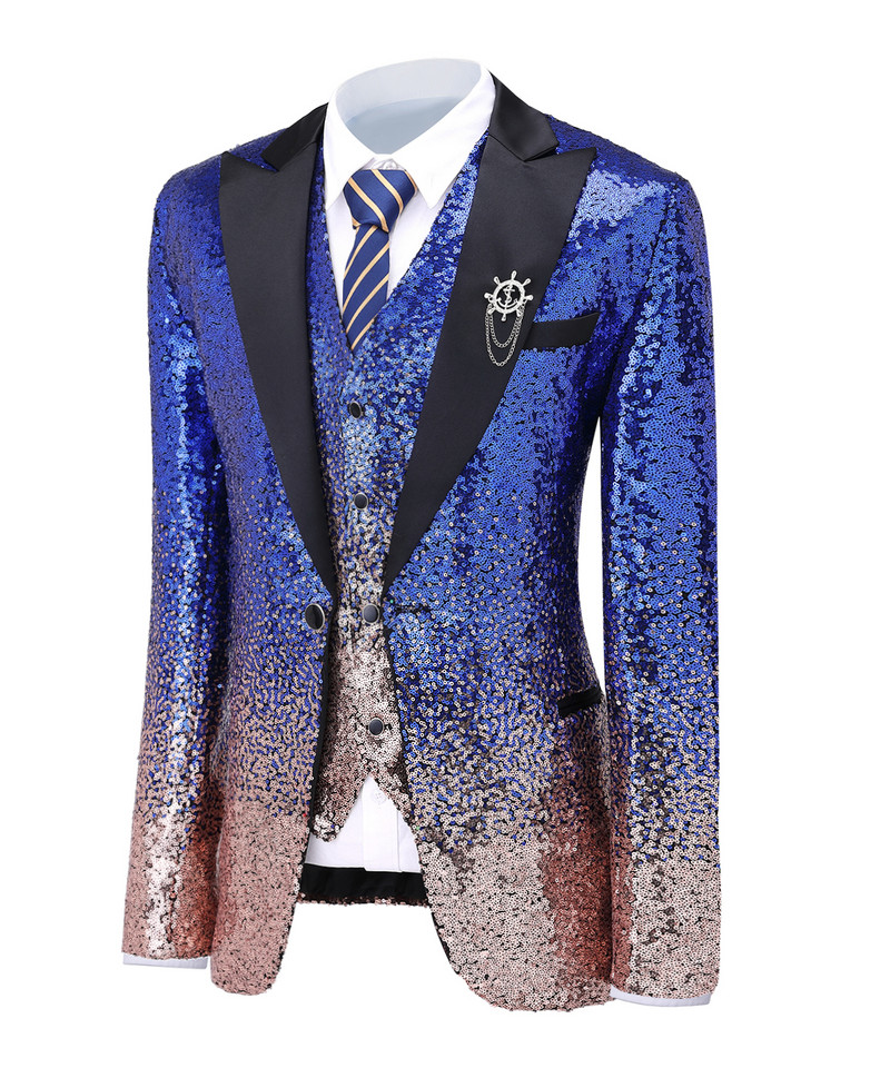 Fokozatosan változó színű királykék férfi öltöny flitteres blézer Peak Notch hajtókás szmoking esküvői vőlegénynek (blézer+mellény+nadrág)