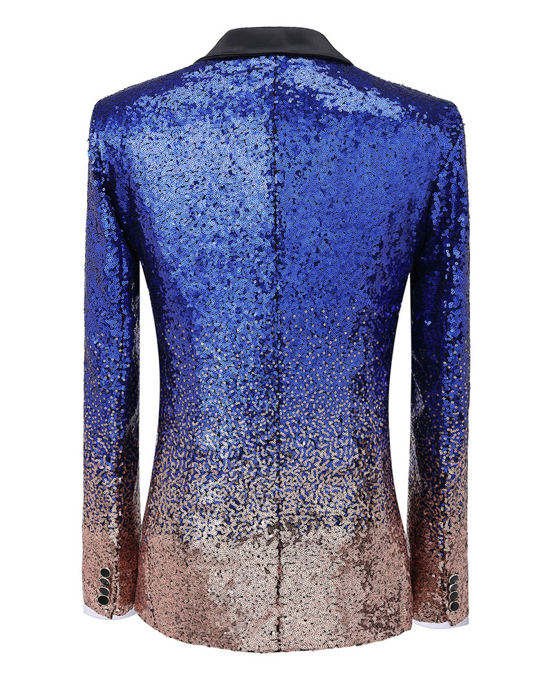 Fokozatosan változó színű királykék férfi öltöny flitteres blézer Peak Notch hajtókás szmoking esküvői vőlegénynek (blézer+mellény+nadrág)