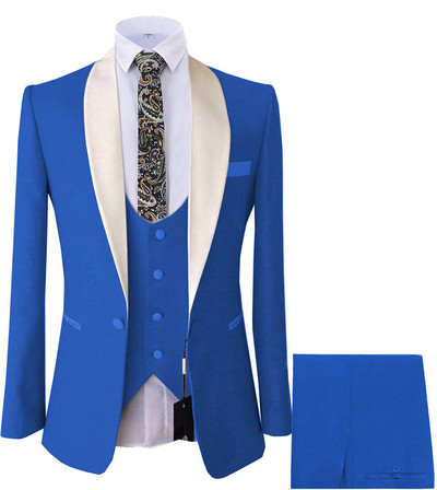 Új férfi öltöny szettek Royal Blue üzleti szmoking 3 részes blézer szett esküvői vőlegénynek (kabát+mellény+nadrág)