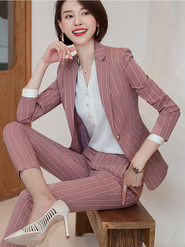 Új érkezés női nadrágkosztüm formális női irodai munkaruha 2 részes szett zöld rózsaszín női hosszú ujjú blézer és nadrág