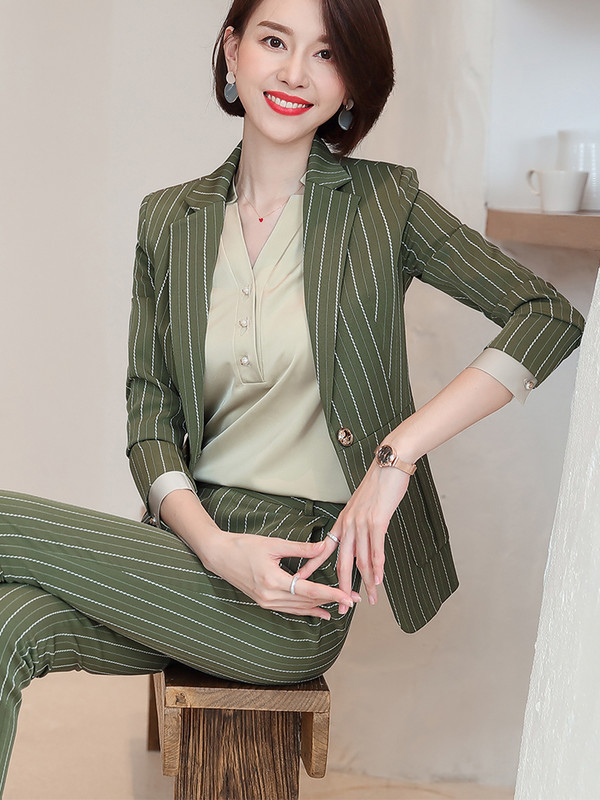 Új érkezés női nadrágkosztüm formális női irodai munkaruha 2 részes szett zöld rózsaszín női hosszú ujjú blézer és nadrág