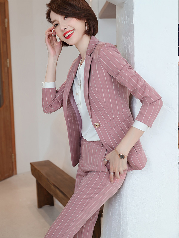 Új érkezés női nadrágkosztüm formális női irodai munkaruha 2 részes szett zöld rózsaszín női hosszú ujjú blézer és nadrág