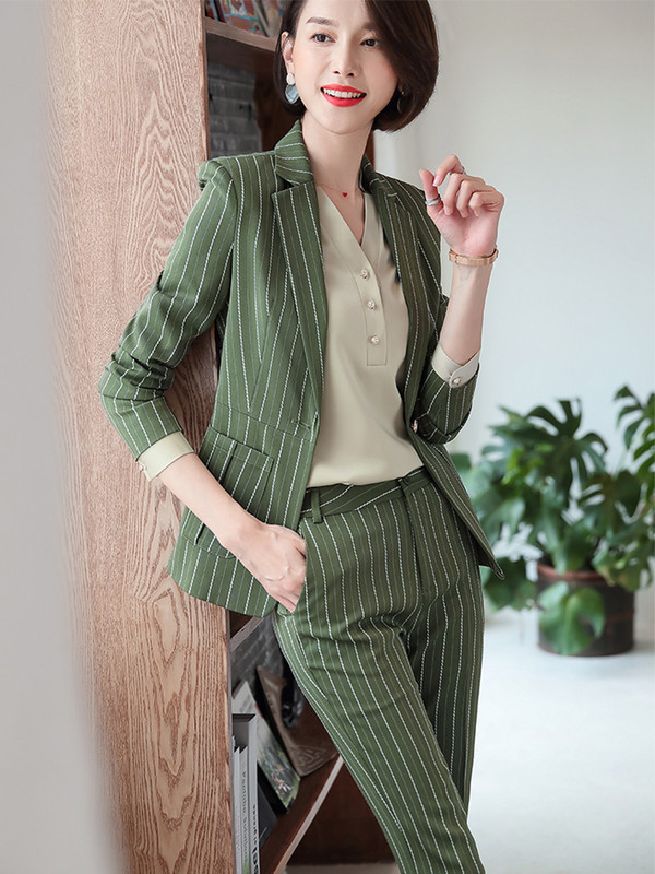 Új érkezés női nadrágkosztüm formális női irodai munkaruha 2 részes szett zöld rózsaszín női hosszú ujjú blézer és nadrág