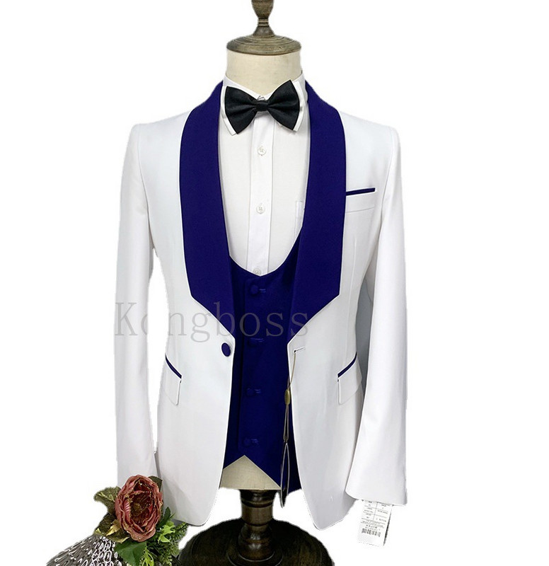 Férfi háromrészes öltöny, elegáns kendő, hajtóka, karcsúsított, hosszú ujjú blézer üzleti esküvői öltöny (blézer+mellény+nadrág)