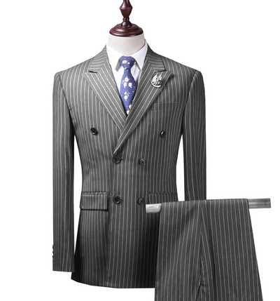 2020-as új karcsúsított férfi öltöny szett, 3 részes, kétsoros esküvői vőlegény, csíkos hajtókás szmoking blézer + nadrág + nadrág