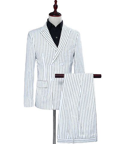 2020-as új karcsúsított férfi öltöny szett, 3 részes, kétsoros esküvői vőlegény, csíkos hajtókás szmoking blézer + nadrág + nadrág