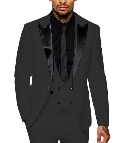 Férfi öltöny, karcsúsított, alkalmi, három darabból álló üzleti vőfély, szürke, fehér pezsgős szmoking esküvői blézer+nadrág+mellény