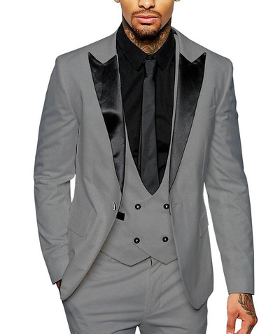 Férfi öltöny, karcsúsított, alkalmi, három darabból álló üzleti vőfély, szürke, fehér pezsgős szmoking esküvői blézer+nadrág+mellény