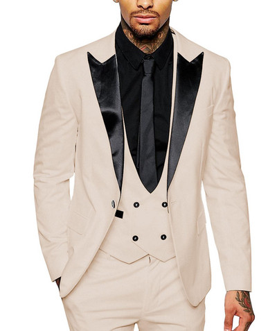 Férfi öltöny, karcsúsított, alkalmi, három darabból álló üzleti vőfély, szürke, fehér pezsgős szmoking esküvői blézer+nadrág+mellény