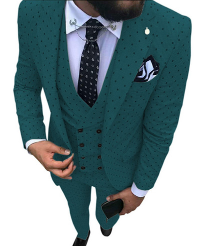 Kék férfi öltöny, 3 részes, alkalmi, foltos, bevágásos hajtóka, duplasoros mellény szmoking Vőfély bulira (blézer+mellény+nadrág)