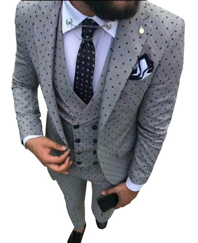 Kék férfi öltöny, 3 részes, alkalmi, foltos, bevágásos hajtóka, duplasoros mellény szmoking Vőfély bulira (blézer+mellény+nadrág)