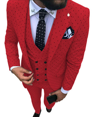 Kék férfi öltöny, 3 részes, alkalmi, foltos, bevágásos hajtóka, duplasoros mellény szmoking Vőfély bulira (blézer+mellény+nadrág)