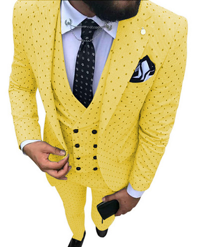 Kék férfi öltöny, 3 részes, alkalmi, foltos, bevágásos hajtóka, duplasoros mellény szmoking Vőfély bulira (blézer+mellény+nadrág)