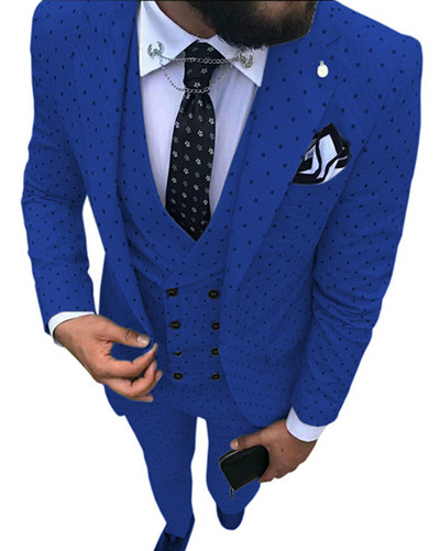 Kék férfi öltöny, 3 részes, alkalmi, foltos, bevágásos hajtóka, duplasoros mellény szmoking Vőfély bulira (blézer+mellény+nadrág)