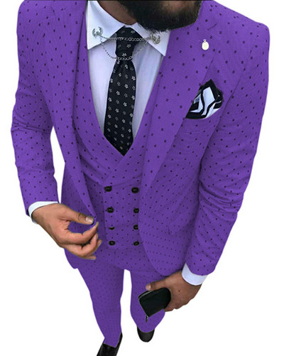 Kék férfi öltöny, 3 részes, alkalmi, foltos, bevágásos hajtóka, duplasoros mellény szmoking Vőfély bulira (blézer+mellény+nadrág)